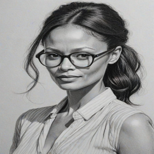 Splendid Thandie Newton, pencil sketch, portrait of Ravishing woman 1967s in glasses, hair style beatnik, outline, clear lines, fine lines, 8k