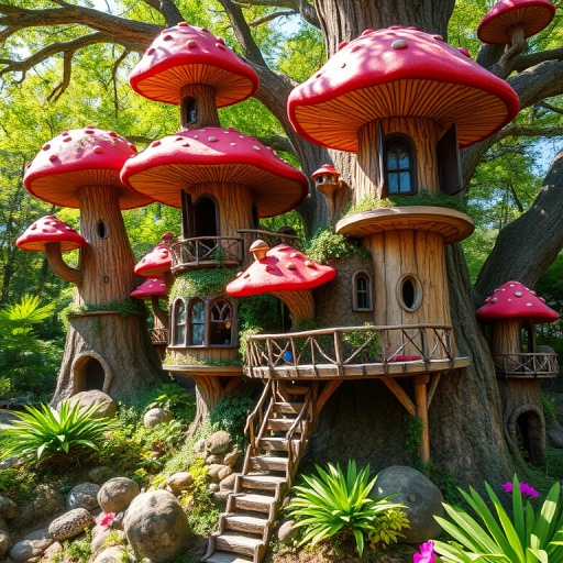 Generate a vibrant, whimsical treehouse scene with elaborate mushroom-shaped roofs, surrounded by lush greenery, captured with a DSLR camera at f/2.8, ISO 100, 35mm focal length, in a sunny outdoor environment, utilizing a wide-angle lens for enhanced depth and detail.