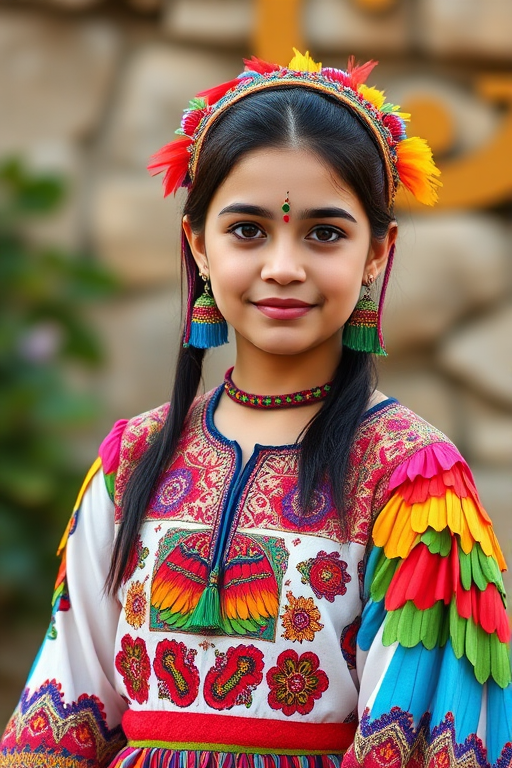 A beautiful Turkish girl, wearing colorful bird clothing with vibrant colors