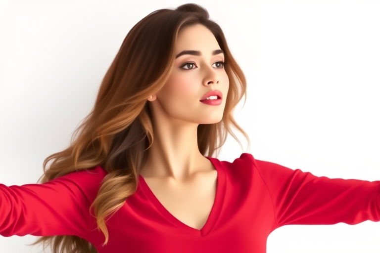 Create a high-resolution vector illustration of a woman with long wavy hair wearing a red shirt, arms extended outward, using a 50mm lens at f/1.8, aperture priority mode, natural lighting, and a soft-focus background for a clean look.