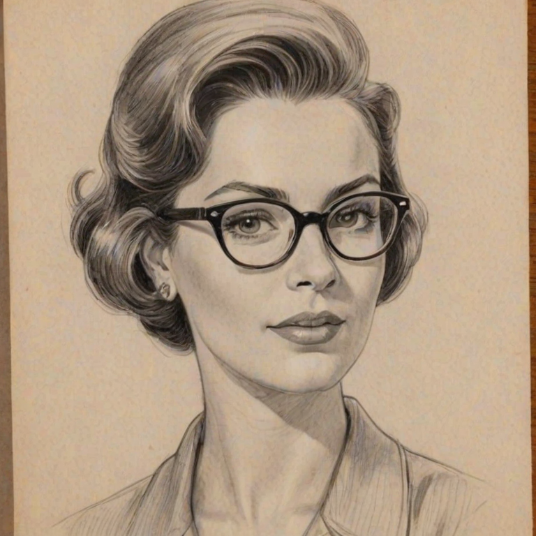 Lovely Diane Farr, pencil sketch, portrait of Splendid woman 1957s in glasses, hair style beatnik, outline, clear lines, fine lines, 8k