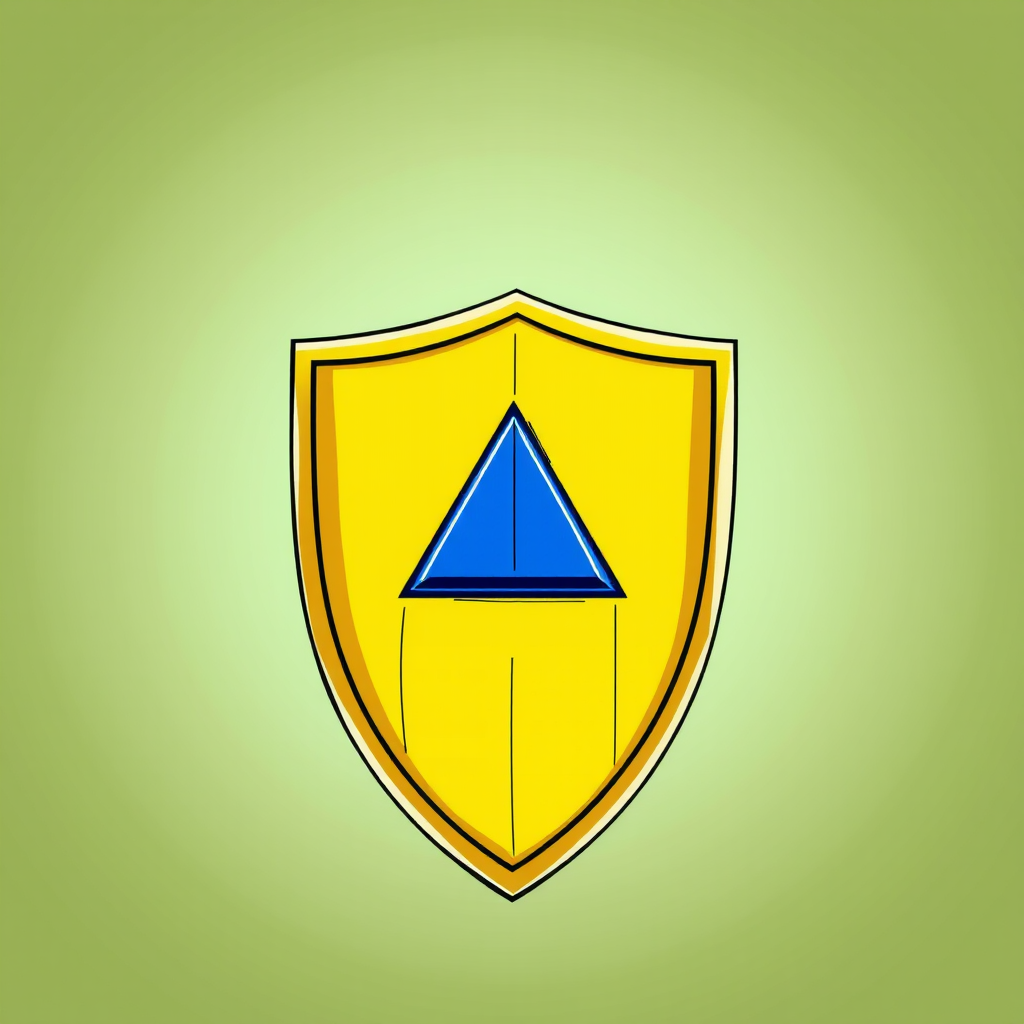 Create a vibrant and detailed illustration of a yellow shield with a blue triangular emblem at its center, using a high-resolution camera at 50mm focal length, f/8 aperture, with a soft-focus background to enhance the shield's features.