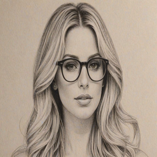 Sublime Kim Zolciak, pencil sketch, portrait of Graceful woman 1969s in glasses, hair style beatnik, outline, clear lines, fine lines, 8k