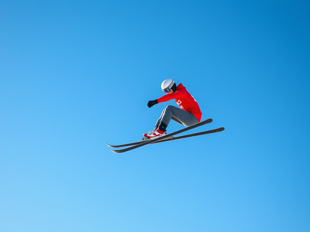 Create a high-resolution vector graphic of a ski jumper in mid-air, shot with a Canon EOS R5 at f/8, ISO 100, 1/1000s, using a wide-angle lens and a dynamic action shot style against a clear blue sky background.