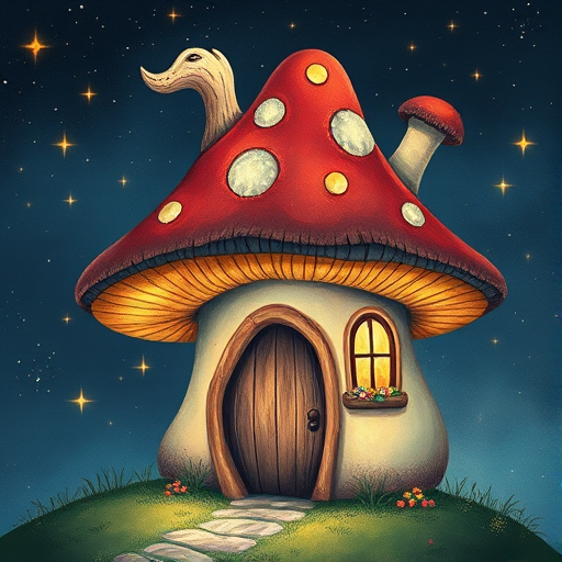 this photo is illustration of a mushroom house with a door and a window, a storybook , fantasy art, mushroom house, bg starry sky, sparkles