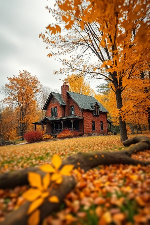 autumn landscape with a cozy house surrounded by vibrant fall foliage, golden leaves on trees, overcast sky, wide-angle view, DSLR camera, aperture f/8, shutter speed 1/250s, ISO 200, focus on foreground house with blurred background for depth enhancement