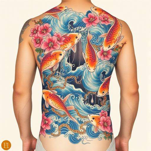 Japanese-inspired irezumi tattoo titled "Koi Cascade" featuring a large-scale full-body design of swirling water koi fish and cherry blossoms in vibrant traditional colors