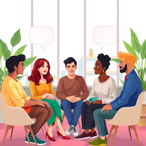 Create a vibrant illustration of six diverse people sitting in a semi-circle engaged in conversation, with speech bubbles above their heads and indoor plants in the background, using a digital art style, with a focus on soft lighting, a 50mm lens, f/2.8 aperture, and high-resolution settings to enhance color depth and clarity.