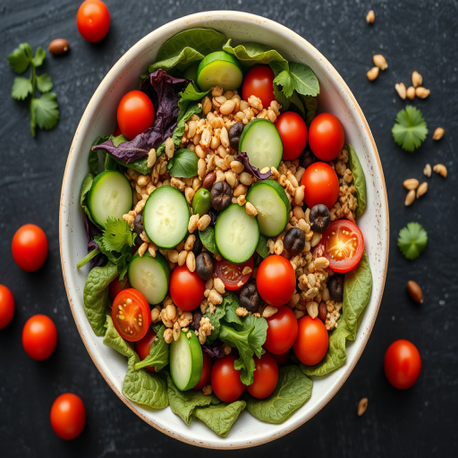 create a vibrant flat lay of a colorful salad bowl filled with fresh vegetables including cherry tomatoes, cucumbers, assorted greens, legumes, and grains, captured with a Canon EOS R5, 50mm lens, f/2.8 aperture, ISO 100, in natural light, focusing on the textures and colors of the ingredients against a dark slate background