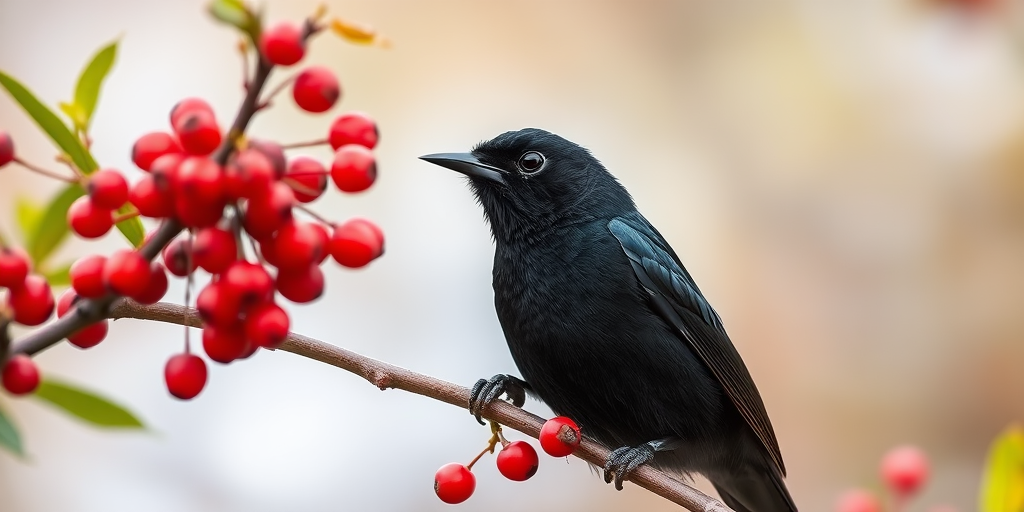 Capture a close-up of a blackbird perched on a branch filled with bright red berries, using a Canon EOS 5D Mark IV, 85mm lens, f/2.8 aperture, ISO 200, with a shallow depth of field and natural lighting to enhance detail and vibrancy.