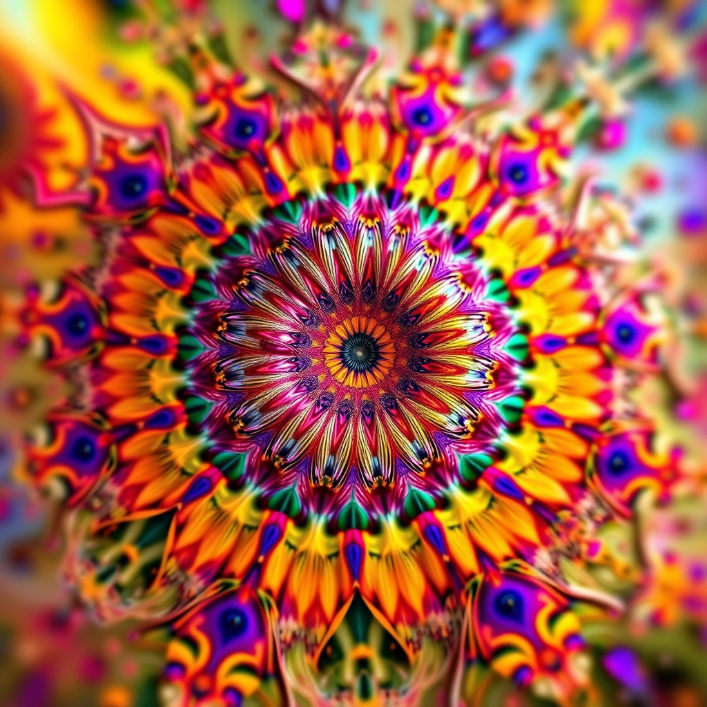 regenerate a fractal art image with vibrant colors and intricate patterns using a Canon EOS R5 camera, ISO 100, f/8 aperture, 24mm wide-angle lens, soft focus style, studio lighting setup
