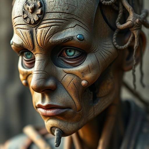Create a hyper-realistic portrait of a weathered, lifelike figure with intricate details of wood and metal embedded in the skin, captured with a Canon EOS R5, 50mm lens, f/1.8 aperture, ISO 100, natural lighting, soft focus background.