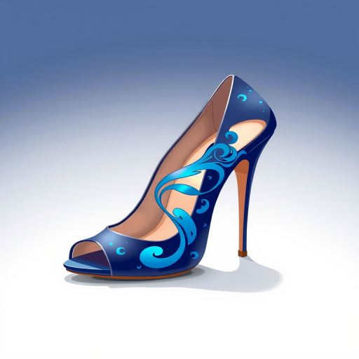 Create a high-resolution illustration of a high-heeled shoe with a blue design, using a Canon EOS R5 camera with a 50mm f/1.8 lens, aperture set to f/2.8, ISO 100, and soft studio lighting for a clean and polished look.