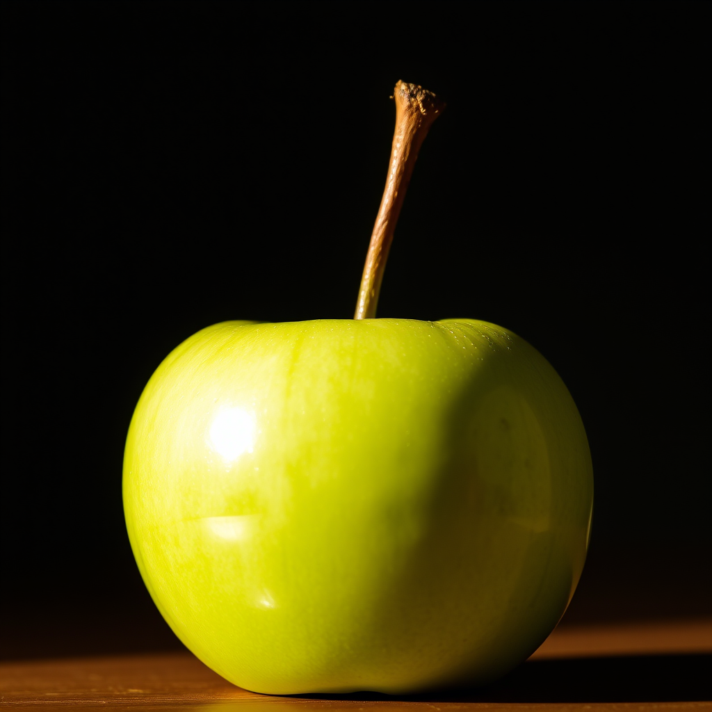 Generate a high-resolution image of a shiny green apple, close-up view, natural lighting, f/2.8 aperture, ISO 100, 50mm lens, studio photography style.