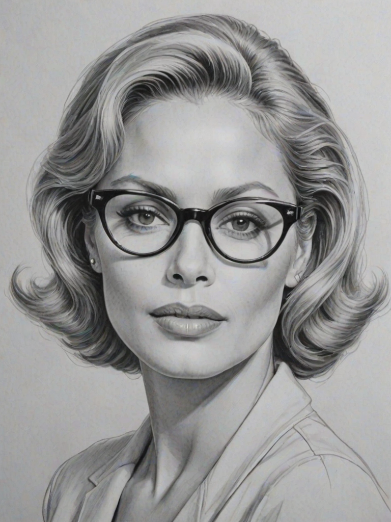 Gorgeous Faye Dunaway, pencil sketch, portrait of Enticing woman 1956s in glasses, hair style beatnik, outline, clear lines, fine lines, 8k