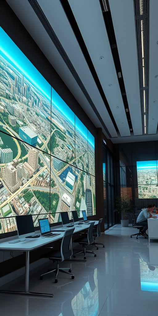 interior modern office with large digital screens displaying city models, high-quality 3D render, wide-angle lens, f/8 aperture, ISO 200, 1/60 sec exposure, soft diffused lighting, high dynamic range imaging