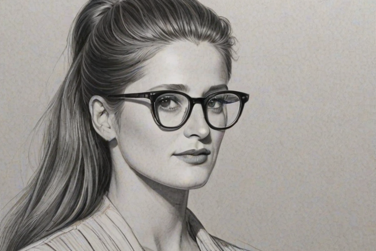 Elegant Grace Gummer, pencil sketch, portrait of Splendid woman 1962s in glasses, hair style beatnik, outline, clear lines, fine lines, 8k