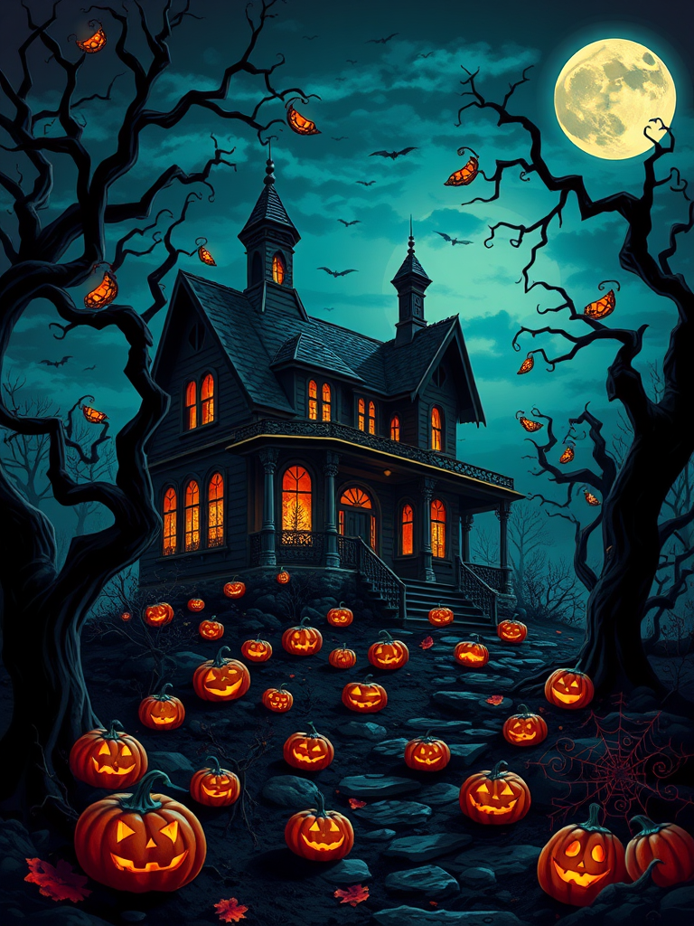 Create a vibrant digital illustration of a spooky Halloween scene featuring a haunted house at night surrounded by twisted trees, glowing pumpkins, and a full moon, with rich colors and intricate details; use a DSLR camera, aperture f/8, ISO 400, shutter speed 1/60 sec, with a wide-angle lens for depth, capturing in high resolution.