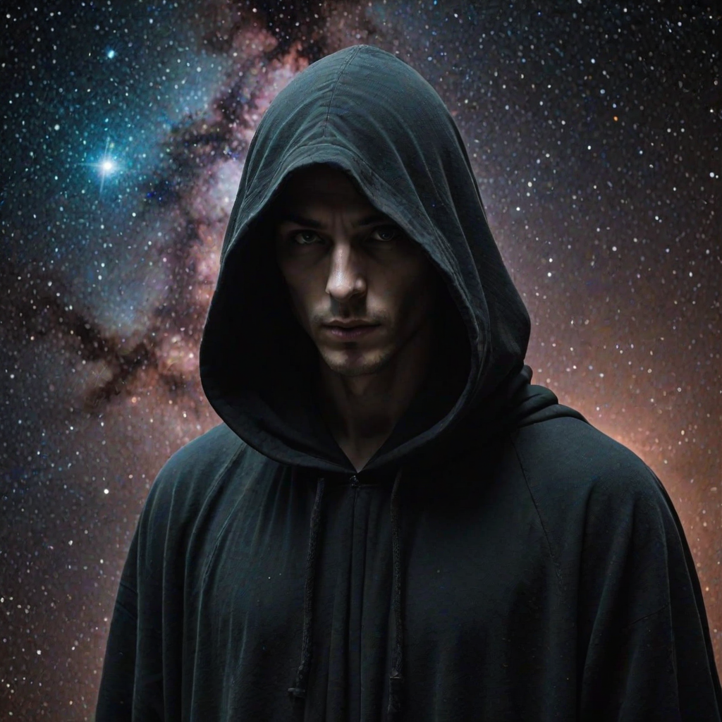 A mysterious hooded figure stands silently, the dark cloak flowing around them like shadows. Beneath the hood, their face is a mesmerizing cosmic scene where swirling galaxies, radiant stars, and vibrant planets form the features. Nebulas drift where eyes should be, glowing softly, while delicate streaks of cosmic energy trace the outlines of a nose and lips. Comets streak across the vastness of their face, and faint constellations pulse with life. The entire visage shifts and evolves as if the universe itself is contained within the figure, giving an ethereal, otherworldly presence to their form.