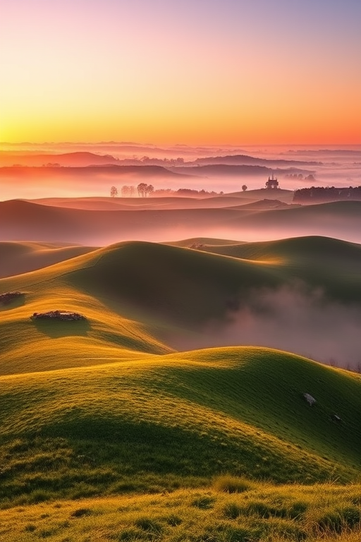 A serene landscape of rolling hills with morning mist, captured at sunrise with a Canon EOS R5, 24mm lens, aperture f/8, ISO 100, 1/200 sec, wide-angle view, vibrant colors, and high dynamic range to enhance image quality.