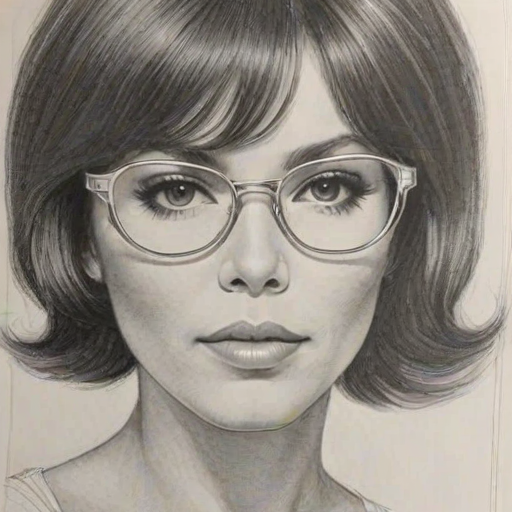 Sublime Michele Lee, pencil sketch, portrait of Radiant woman 1970s in glasses, hair style beatnik, outline, clear lines, fine lines, 8k