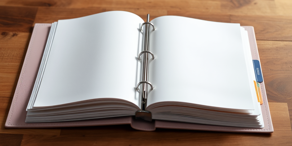 Create a high-resolution image of an open binder with blank pages and dividers, shot with a DSLR camera at f/4, ISO 100, 50mm lens, soft natural lighting from the left, overhead view, focus on the binder details.