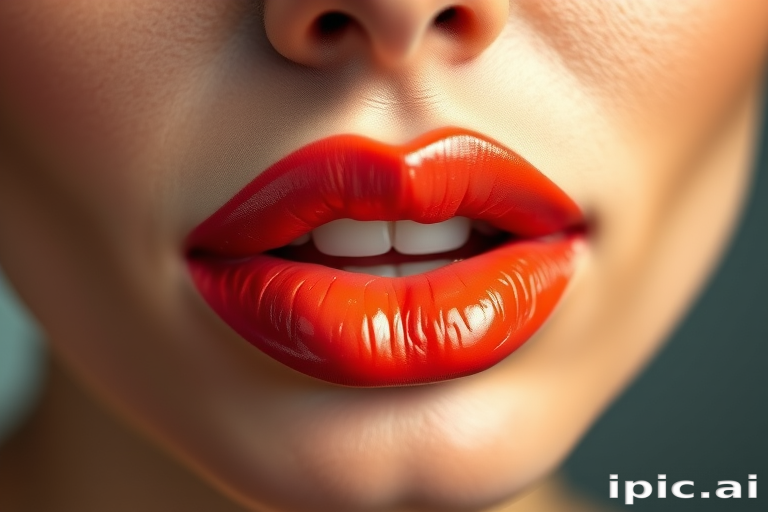 Luscious coral-hued lips with a glossy finish shine under soft studio lighting, showcasing a perfect cupid's bow and plump texture, evoking a sense of warmth and sensuality