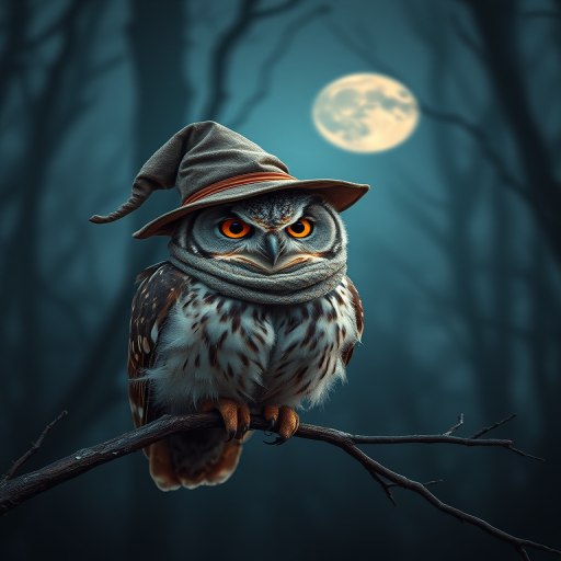regenerate an image of a wise owl wearing a wizard hat and a scarf, perched on a branch in a misty forest with a full moon in the background, use a Canon EOS R5 with a 50mm lens, f/1.8 aperture, ISO 100, and a soft focus effect to enhance details and create a magical atmosphere.