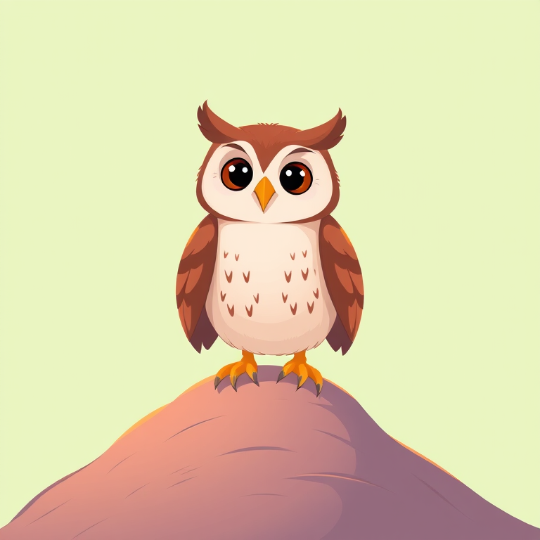 Create a vibrant illustration of a cartoon owl perched on a gentle slope with a pale green background, using a Canon EOS R5 camera, 50mm lens, aperture f/2.8, ISO 100, and a shallow depth of field for enhanced clarity and focus on the owl.