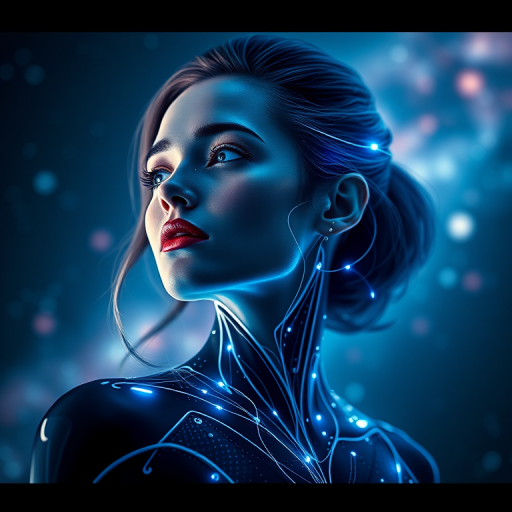 Generate a high-quality image of a futuristic female figure with a cosmic background, using a Canon EOS R5 camera with a 50mm lens, aperture f/1.8, ISO 100, shot in portrait mode with soft lighting and a shallow depth of field for enhanced details and clarity.