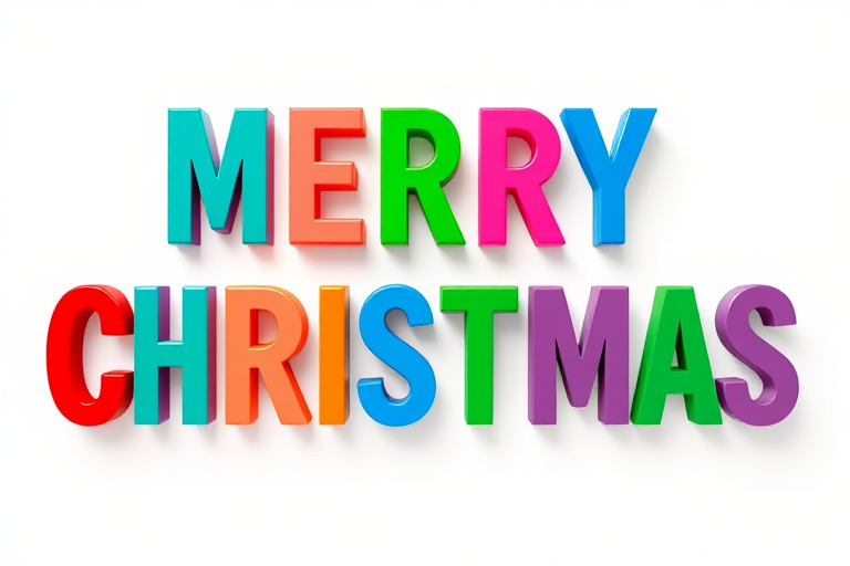 Create a vibrant 3D rendering of the words MERRY CHRISTMAS in colorful letters, using a Canon EOS R5 camera with a 50mm lens, aperture set to f/2.8, shutter speed at 1/200s, ISO 100, shot from a slightly low angle, with soft lighting and a white background for enhanced contrast and depth.