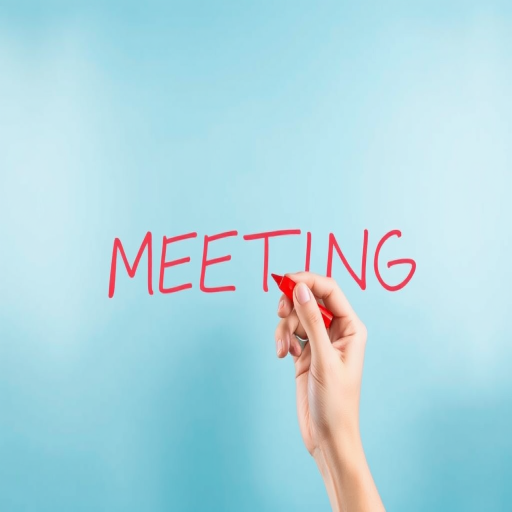 Create an image of a hand holding a red marker writing the word "MEETING" in bold letters on a smooth blue gradient background, using a Canon EOS R camera, 50mm lens, aperture f/2.8, ISO 100, and soft focus effect for an artistic touch.