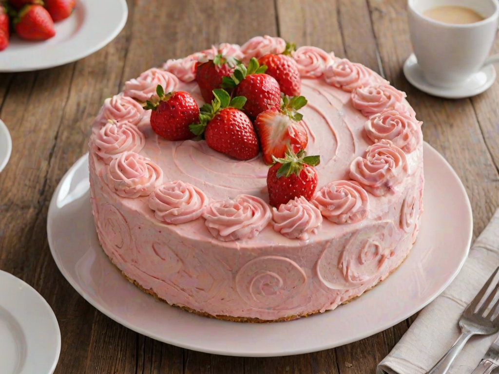 Create an image of a round cake with a light pink frosting. The cake should have decorative swirls of frosting around the edges and topped with fresh strawberries. Place the strawberries in a circular pattern on the top, with some additional swirls of frosting between them. The cake should be presented on a white plate and set on a wooden table. Include a glass of milk and some plates in the background for added context.