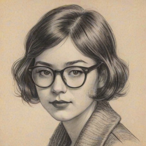 Appealing Aubrey Anderson-Emmons, pencil sketch, portrait of Enticing woman 1923s in glasses, hair style beatnik, outline, clear lines, fine lines, 8k