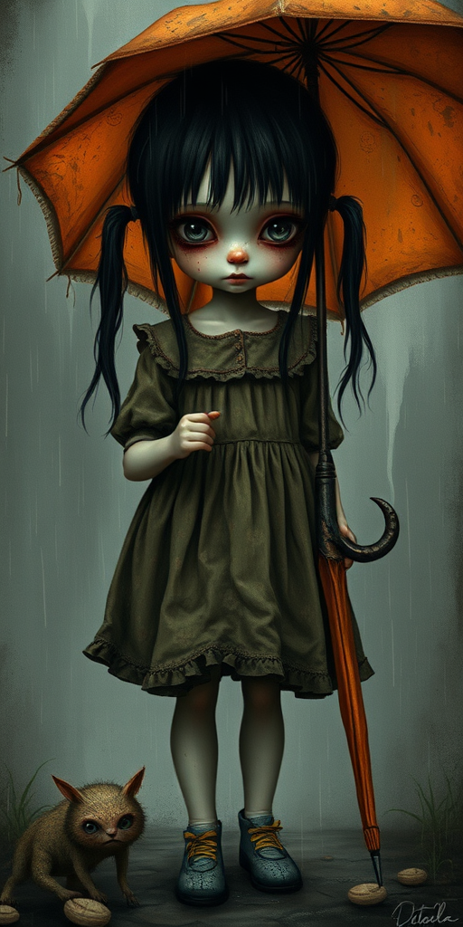 An eerie, weird little girl with dark hair in thin pigtails, wearing a smock dress, standing in the rain, holding a dirty orange umbrella, a small, odd creature beside her. In a surreal style inspired by Nicoletta Ceccoli and Brian Froud. Dark fantasy themes