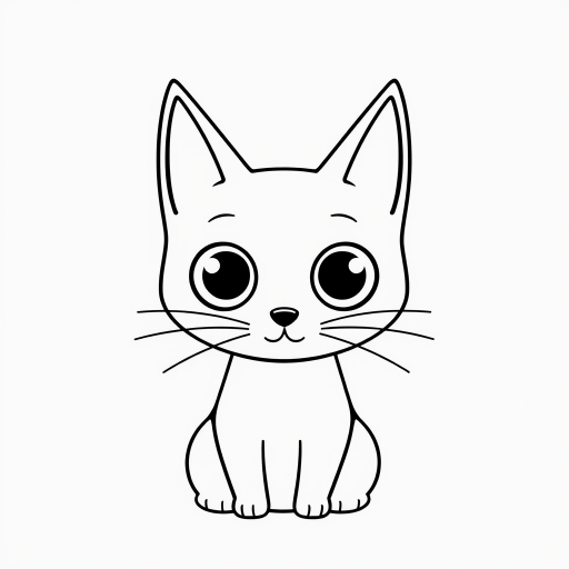Create a black and white minimalist illustration of a cat. The cat should have large, round eyes and a simplistic, cartoonish style. Its ears should be tall and pointed, and its whiskers should be simple lines extending from its face. The background should be plain white to emphasize the cat's silhouette.