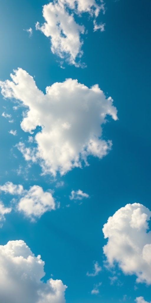 Create a bright blue sky filled with fluffy white clouds, captured with a Canon EOS R5 at f/8, 1/200s shutter speed, ISO 100, in a vibrant color style with a wide-angle lens perspective.