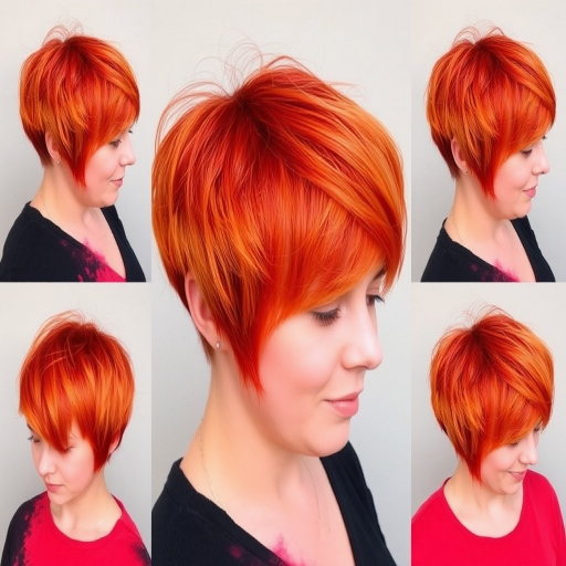Vibrant Sunset Pixie Cut featuring fiery orange and red hues blending seamlessly with soft golden highlights creating a mesmerizing gradient effect reminiscent of a beautiful sunset sky