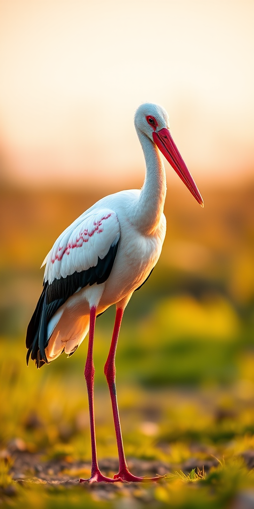 High-resolution image of a standing stork with vibrant colors, soft background, natural light, 50mm lens, f/2.8 aperture, ISO 100, shot at sunrise with a shallow depth of field, using a DSLR camera.