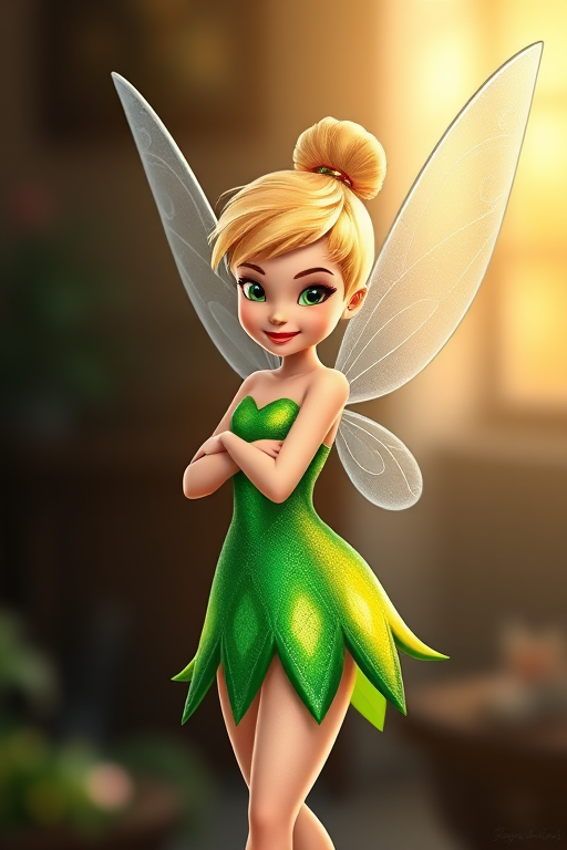 Tinker Bell illustration with vibrant green dress and transparent wings, captured with a DSLR camera, 50mm lens, f/1.8 aperture, ISO 100, 1/200 sec exposure, soft focus background, illuminated by soft studio lighting.