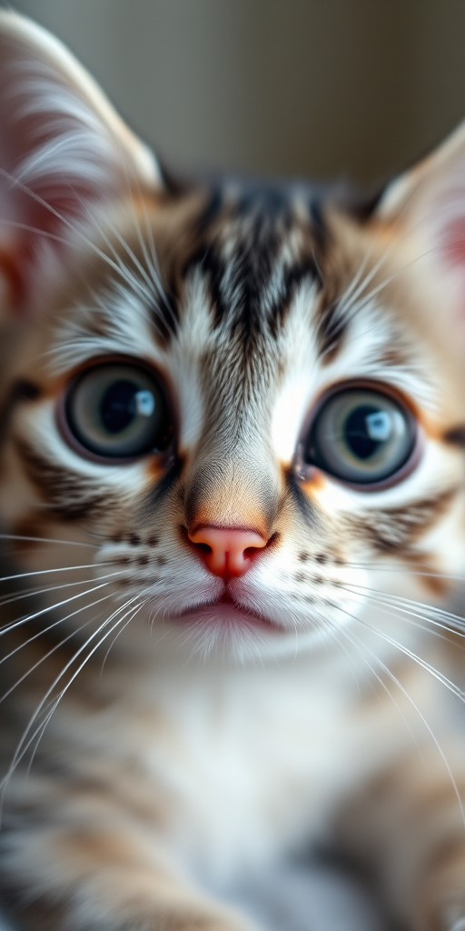 A close-up image of a cute cat with large round eyes and a small pink nose featuring soft gray and white fur, looking directly at the camera with a gentle expression. The background is softly blurred to emphasize the cat's face.