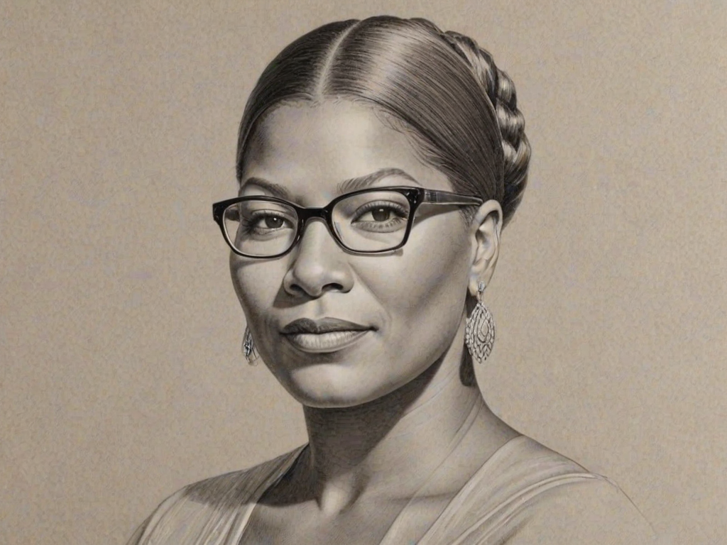 Superb Queen Latifah, pencil sketch, portrait of Enchanting woman 1926s in glasses, hair style beatnik, outline, clear lines, fine lines, 8k