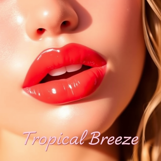 Vibrant coral sunset lips with a glossy finish, named "Tropical Breeze," feature a subtle ombre effect and a plumping formula for a full, luscious appearance