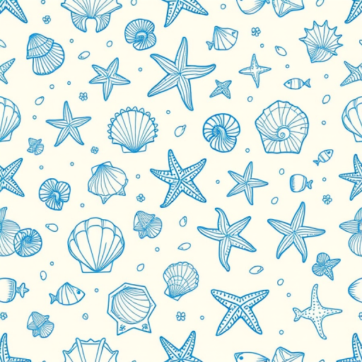 Create a seamless pattern featuring various types of seashells and starfish in blue line art on a light beige background. Include detailed illustrations of different shell shapes and sizes along with scattered small marine elements like pebbles and tiny fish. The design should have a coastal and nautical theme, evoking a beachy atmosphere.