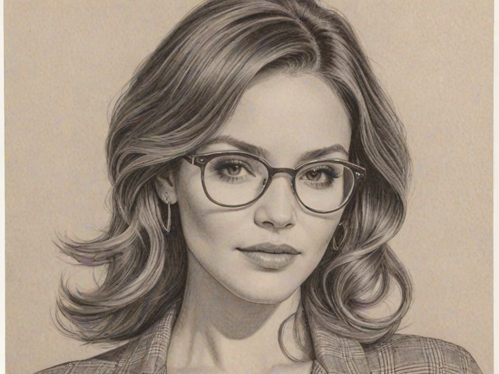 Dazzling Katherine McPhee, pencil sketch, portrait of Ravishing woman 1948s in glasses, hair style beatnik, outline, clear lines, fine lines, 8k
