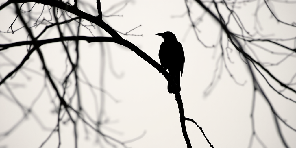 create a high-contrast silhouette of a crow perched on a tree branch against a white background, using a DSLR camera at f/8, ISO 100, 50mm lens, shot at twilight for soft natural light and a shallow depth of field.