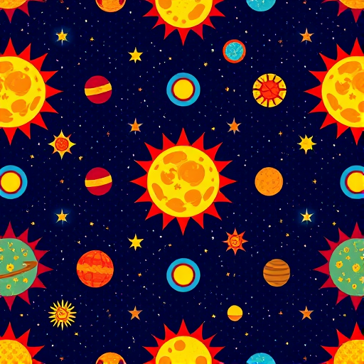Create a repeating pattern of suns, planets, and stars on a deep blue background, digitally illustrated with vibrant colors and clear details, captured with a DSLR camera at f/8, ISO 100, and a wide-angle lens to enhance image quality.