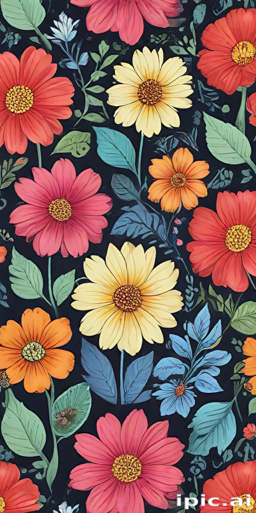 Vibrant Floral Pattern Featuring Colorful Flowers Against a Dark Background