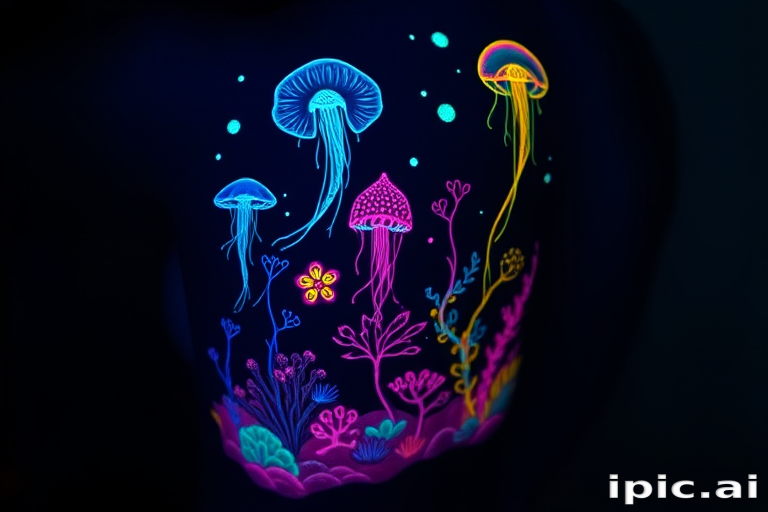 Mystical UV blacklight tattoo named "Bioluminescent Dreams" featuring hidden designs that only become visible under ultraviolet light depicting an ethereal underwater scene with glowing jellyfish coral formations and bioluminescent organisms rendered in specialized UV-reactive inks that appear as subtle off-white markings in normal lighting but burst into vibrant fluorescent colors when exposed to blacklight