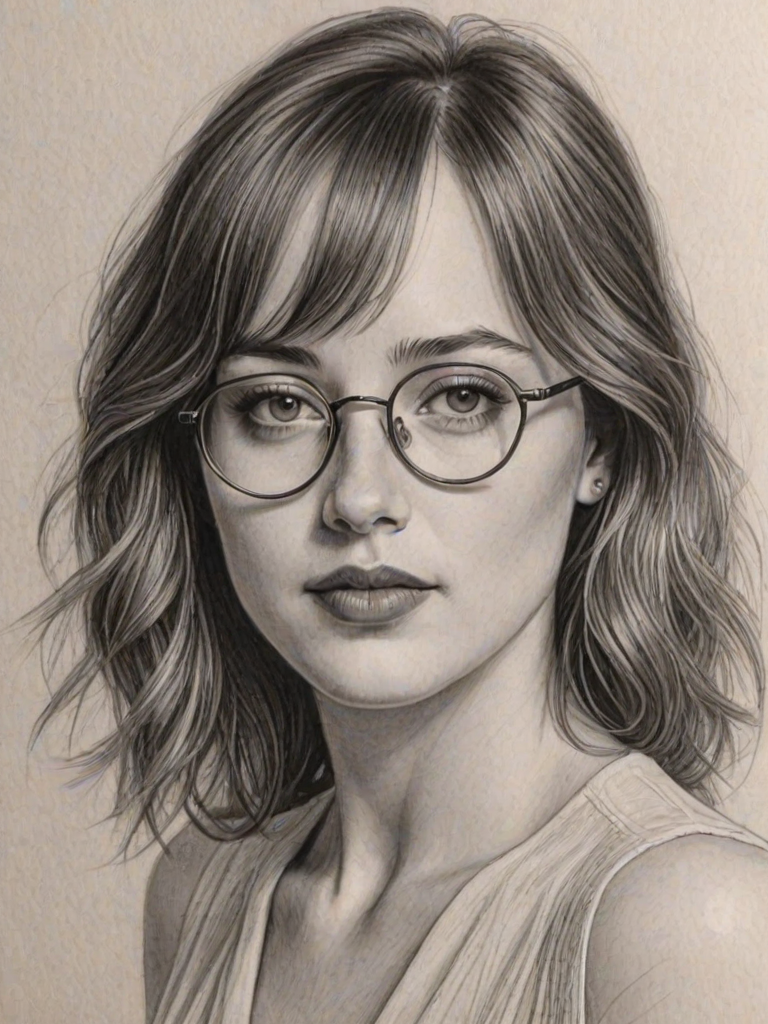 Bewitching Dakota Johnson, pencil sketch, portrait of Splendid woman 1932s in glasses, hair style beatnik, outline, clear lines, fine lines, 8k